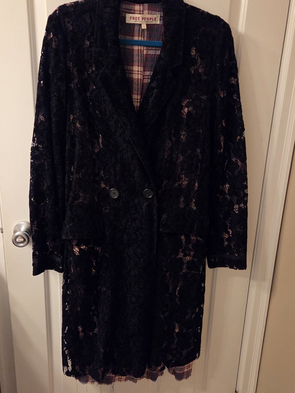 Free People Black Trench Coat W/ Lace Double-Breasted Longline